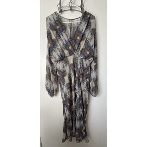 Floral Wrap Maxi Dress in Beige and Blue